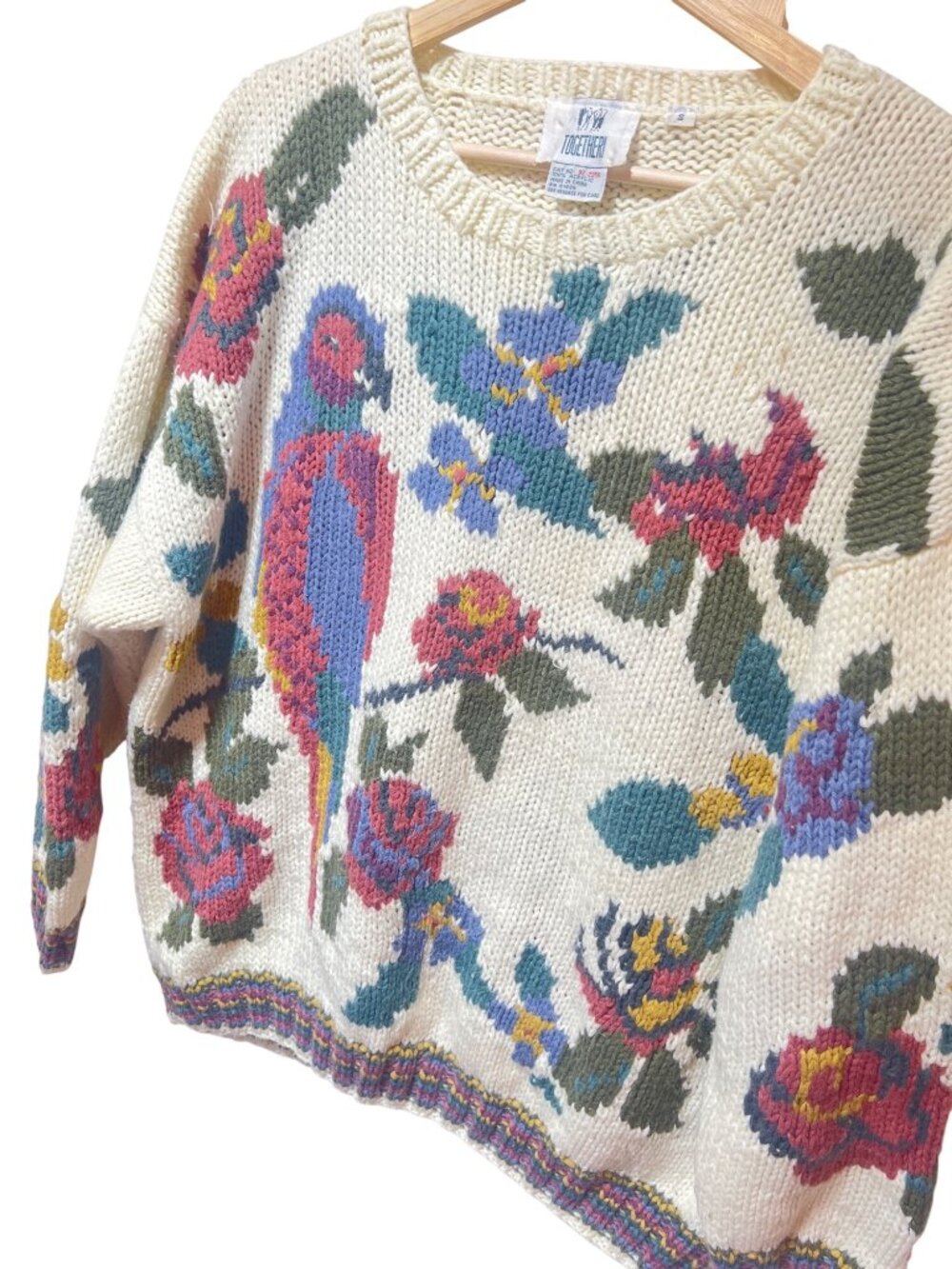 Vintage 90's Together Floral Parrot Knit Sweater - Ivory With Multicolor Pattern